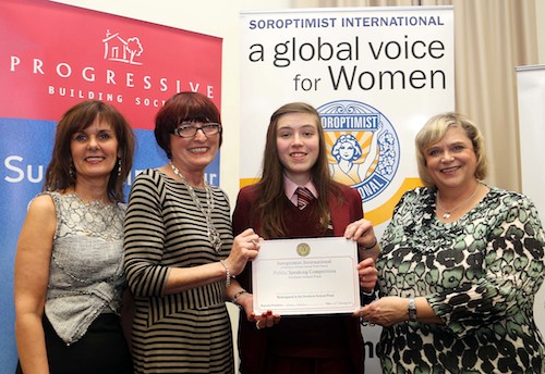 Marie Pearse is pictured at the Northern Ireland final of the Soroptimist International's Annual Youth Award Public Speaking competition, supported by Progressive Building Society.  She was congratulated on making the top 13 finalists by (from left) Soroptimist International's Regional Convenor, Pauline Morgan, Miriam Hamilton, Northern Ireland Regional President, and Elaine Molyneaux from Progressive Building Society. Marie represented the Newry & Mourne Club speaking on the topic 'Not for sale: End Human Trafficking.'